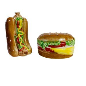 Picnic Theme Salt Pepper Shakers New York Style Hot Dog Cheese Burger Ceramic